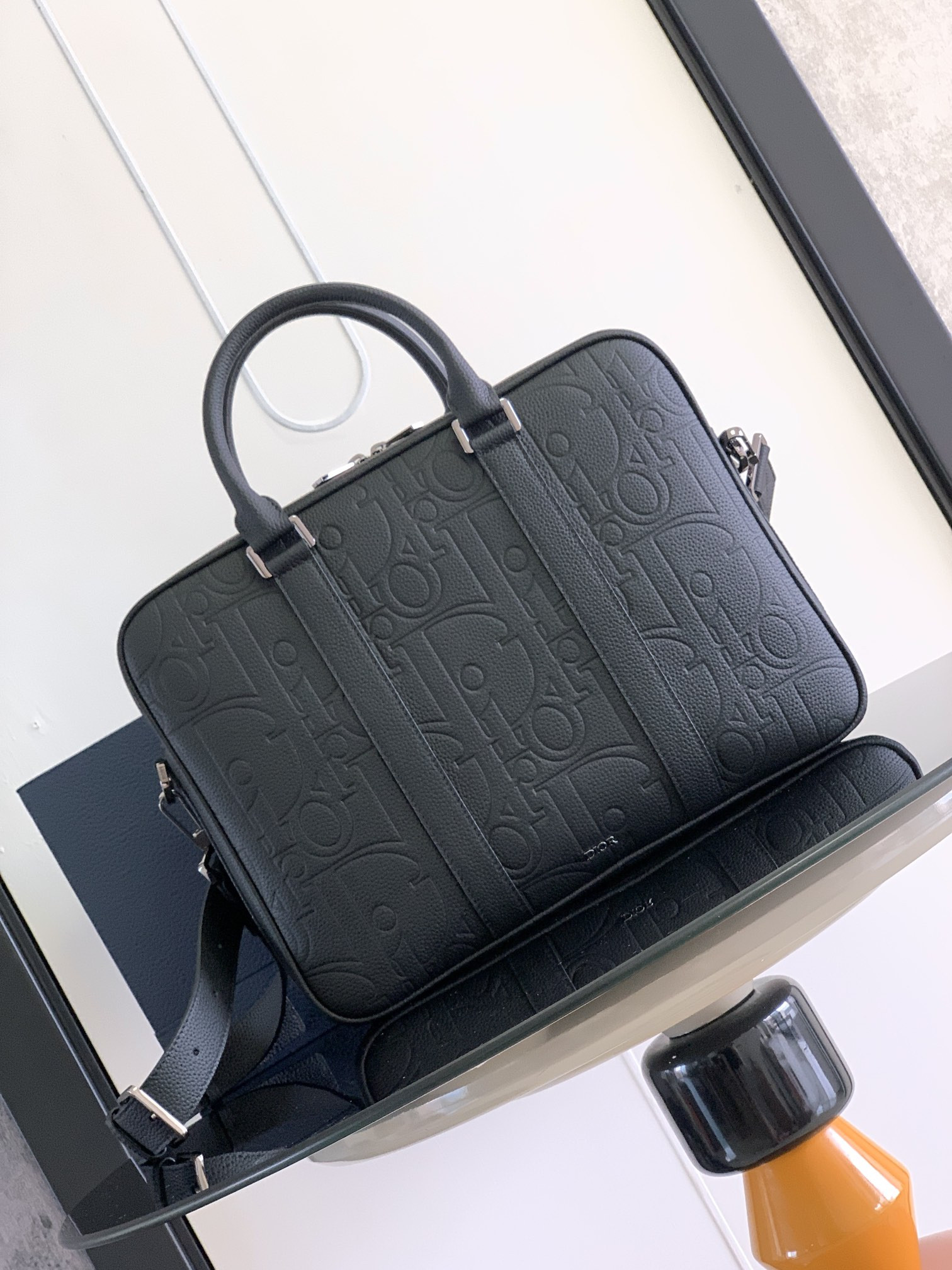 D*or zipped briefcase  black D*or gravity leather and black grained calfskin 37 x 28 x 6 cm