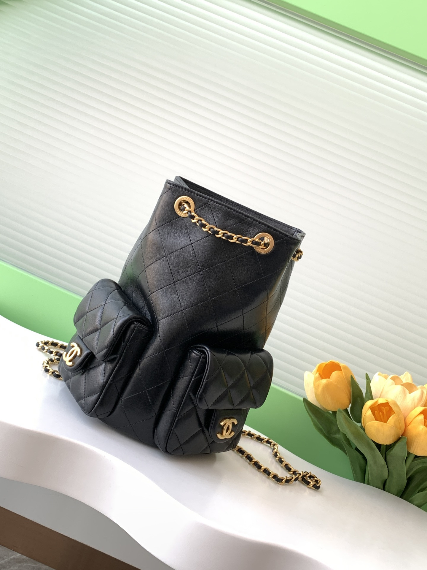 Ch*el backpack shiny lambskin 24.5x18x8cm