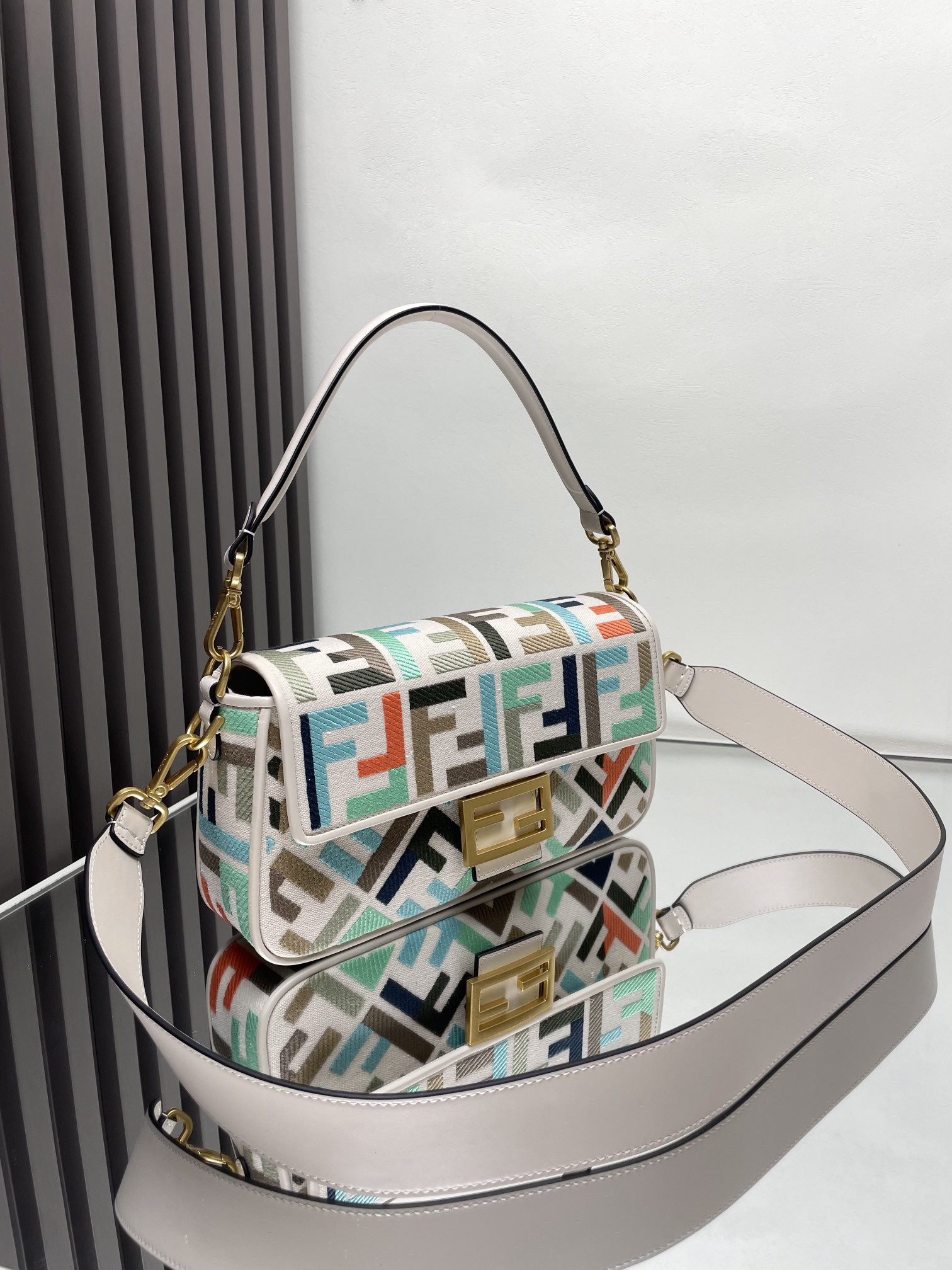 F**di Baguette Multicoloured Canvas Bag With FF Embroidery 15x6x27cm
