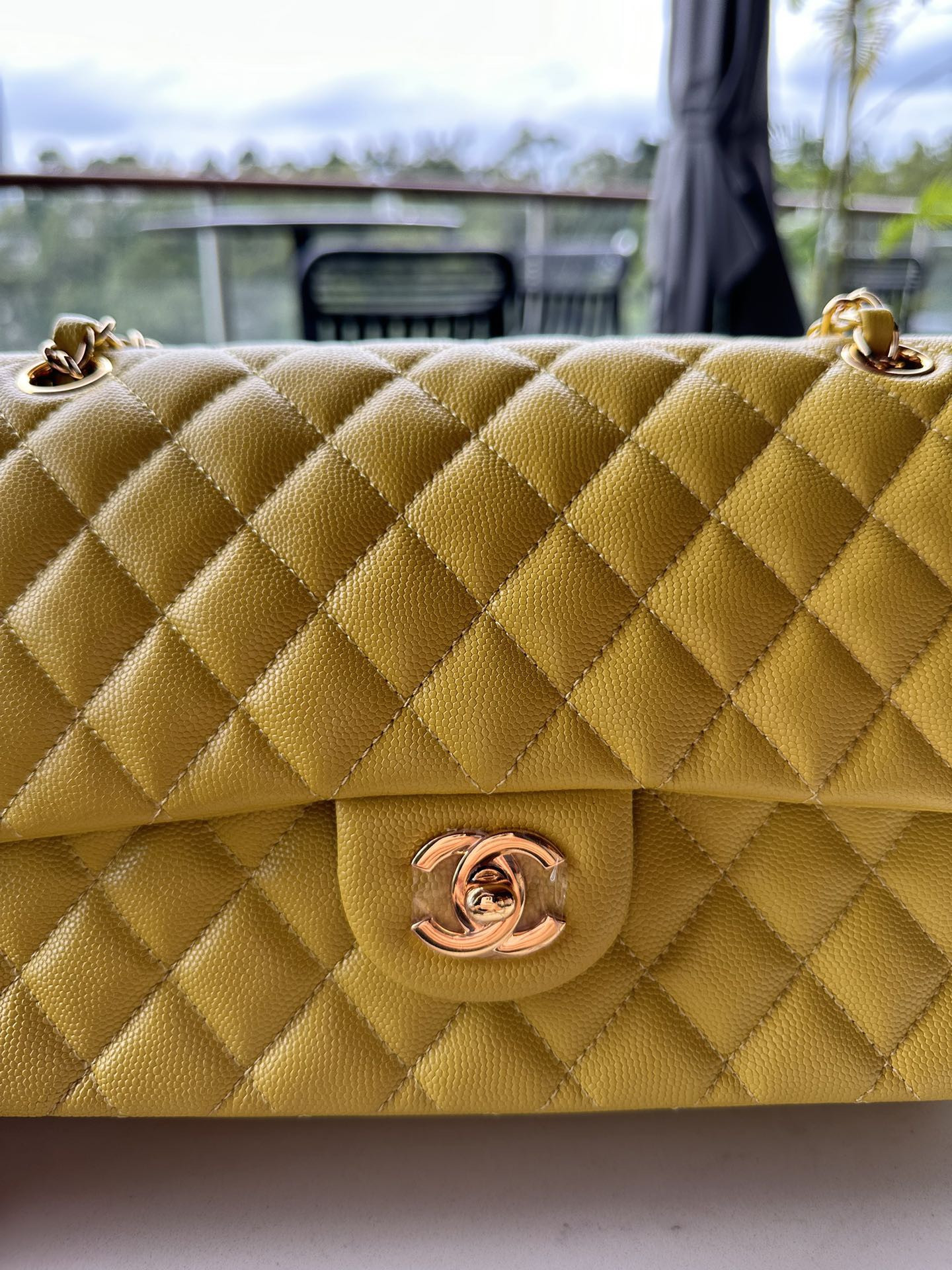 Ch**el CLASSIC HANDBAG GRAINED CALFSKIN & GOLD-TONE METAL yellow 6×9.9×2.5 in