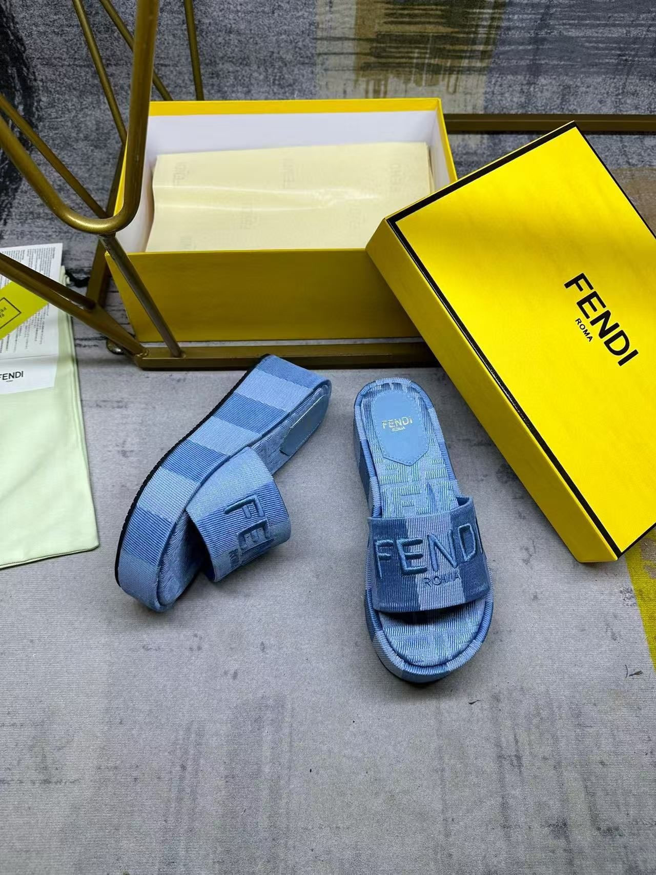 UA F**di Sunshine Light Blue De*1m-effect Jacquard Flatform Sandals