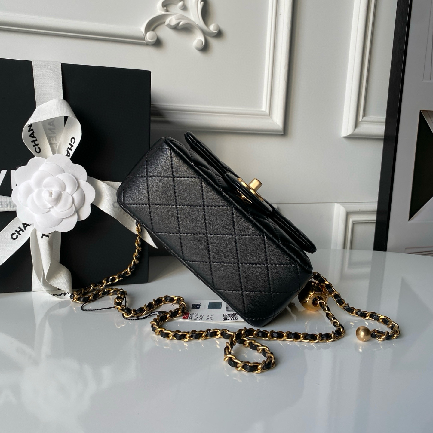 Ch**el MINI FLAP BAG SHINY CALFSKIN & Gold-Tone METAL BLACK 5.3 × 6.6 × 3.1 in