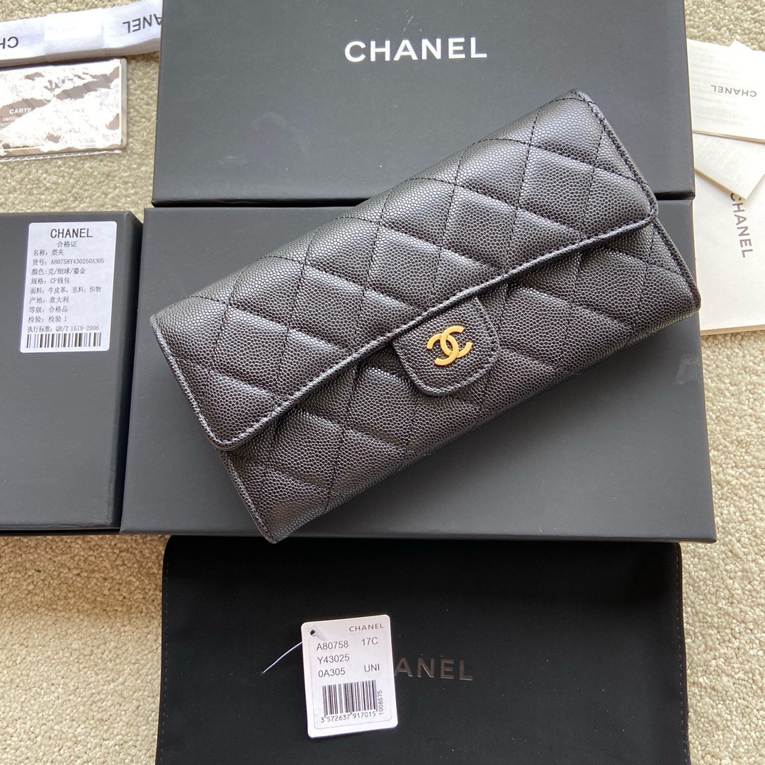 Ch**el FLAP WALLET GRAINED LEATHER BLACK GOLD 19.5 x10 cm