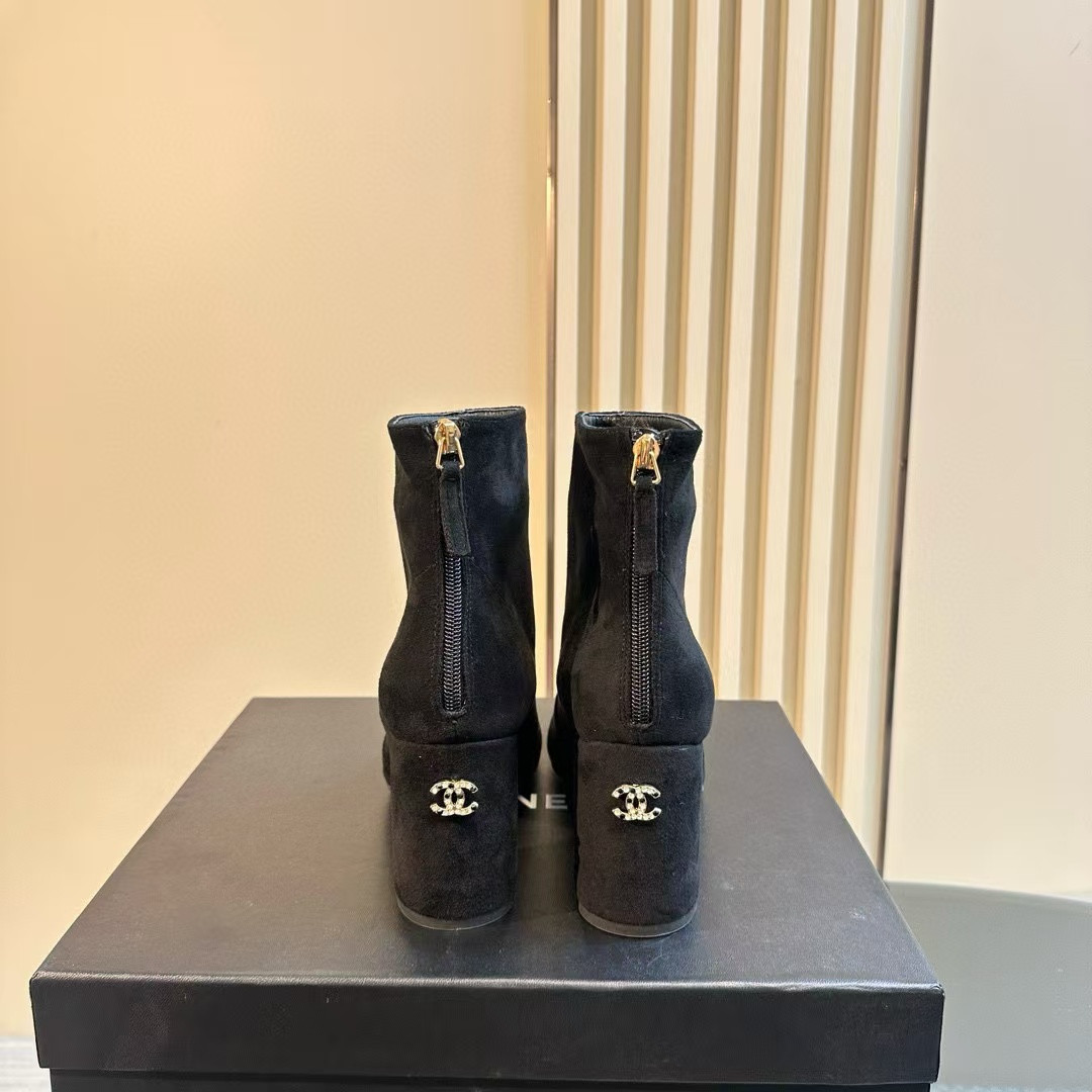Ch**el Short Boots Suede Calfskin & Lambskin Black