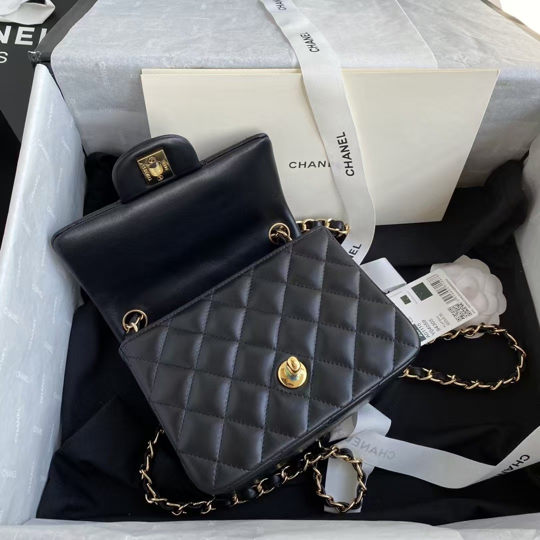 Ch**el Mini Classic Handbag Lambskin & Gold-Tone Metal Black 5.3 × 6.6 × 3.1 in