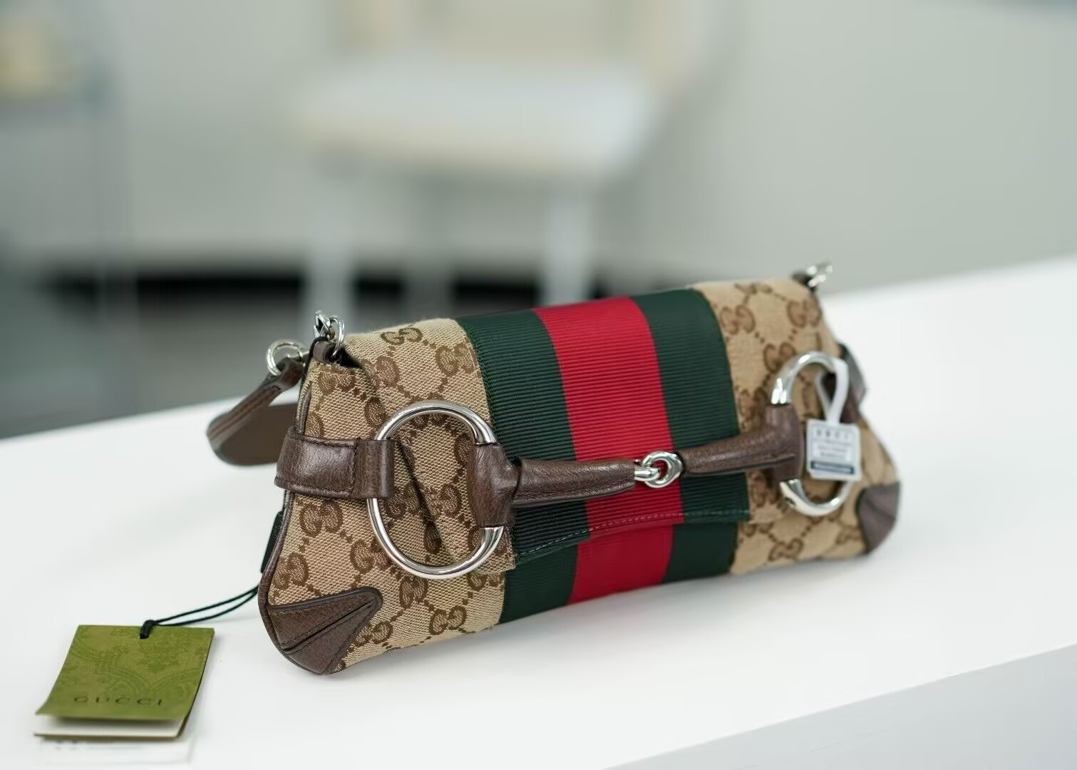 Gvc*1 Monogram Textured Dollar Calfskin Heavy Grosgrain Web Medium Maxi Horsebit Chain Shoulder Bag 27x11.5x5cm