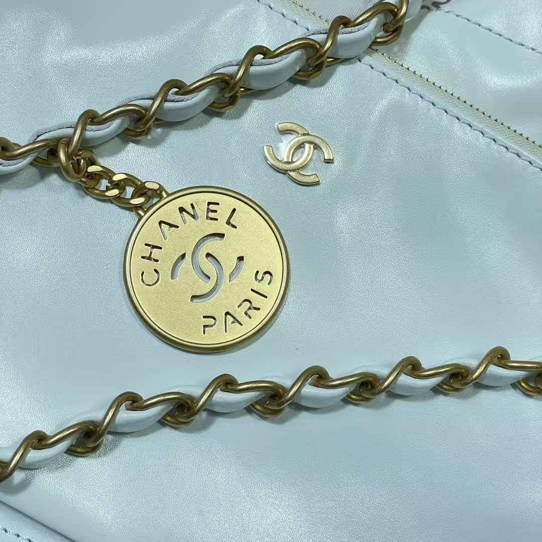 Ch**el 22 SMALL HANDBAG Shiny Calfskin Light Blue 37X35X7cm