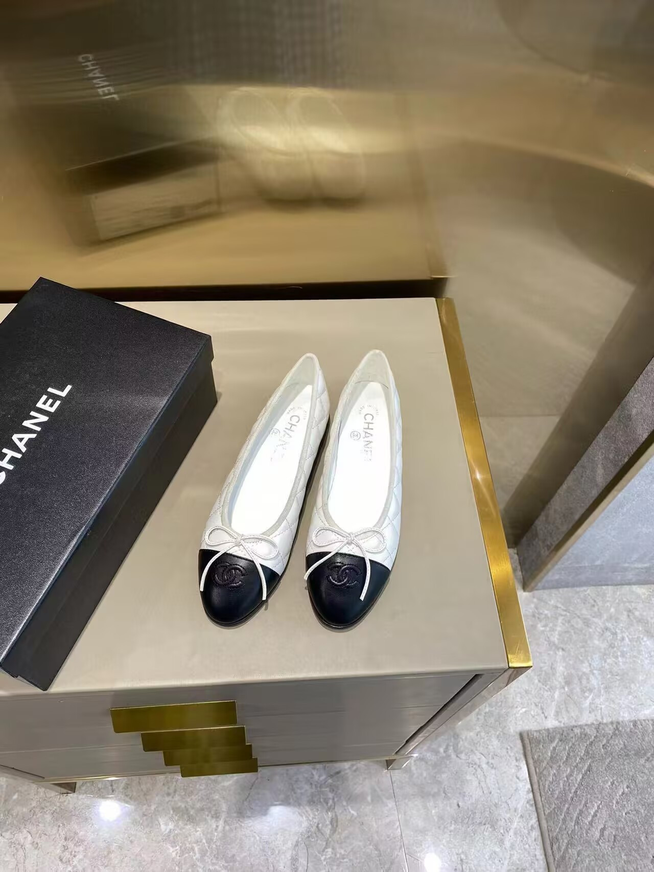 Ch**el BALLET FLATS  Aged Calfskin White & Black