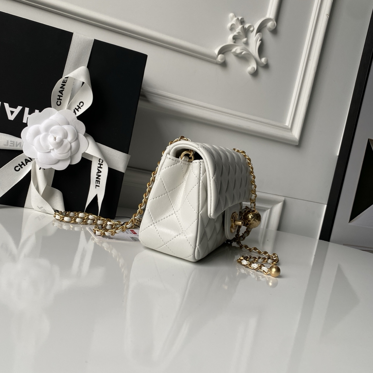 Ch**el MINI FLAP BAG SHINY CALFSKIN & gold-TONE METAL white 4.7 × 7.8 × 2.3 in