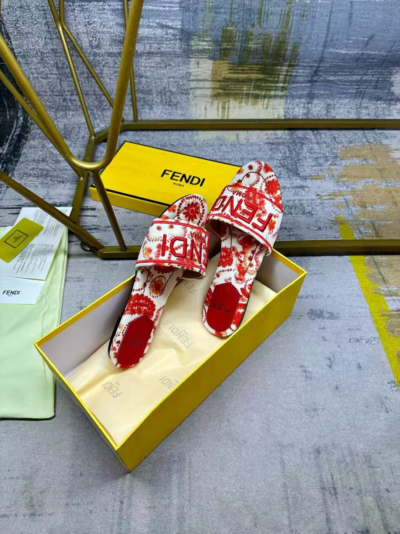 UA F**di Sunshine Red and Camelia Canvas Slides
