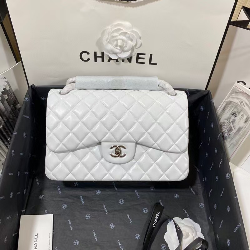 Ch**el Classic Flap Jumbo 30cm CF White Silver 7.6 × 11.7 × 3.9 in