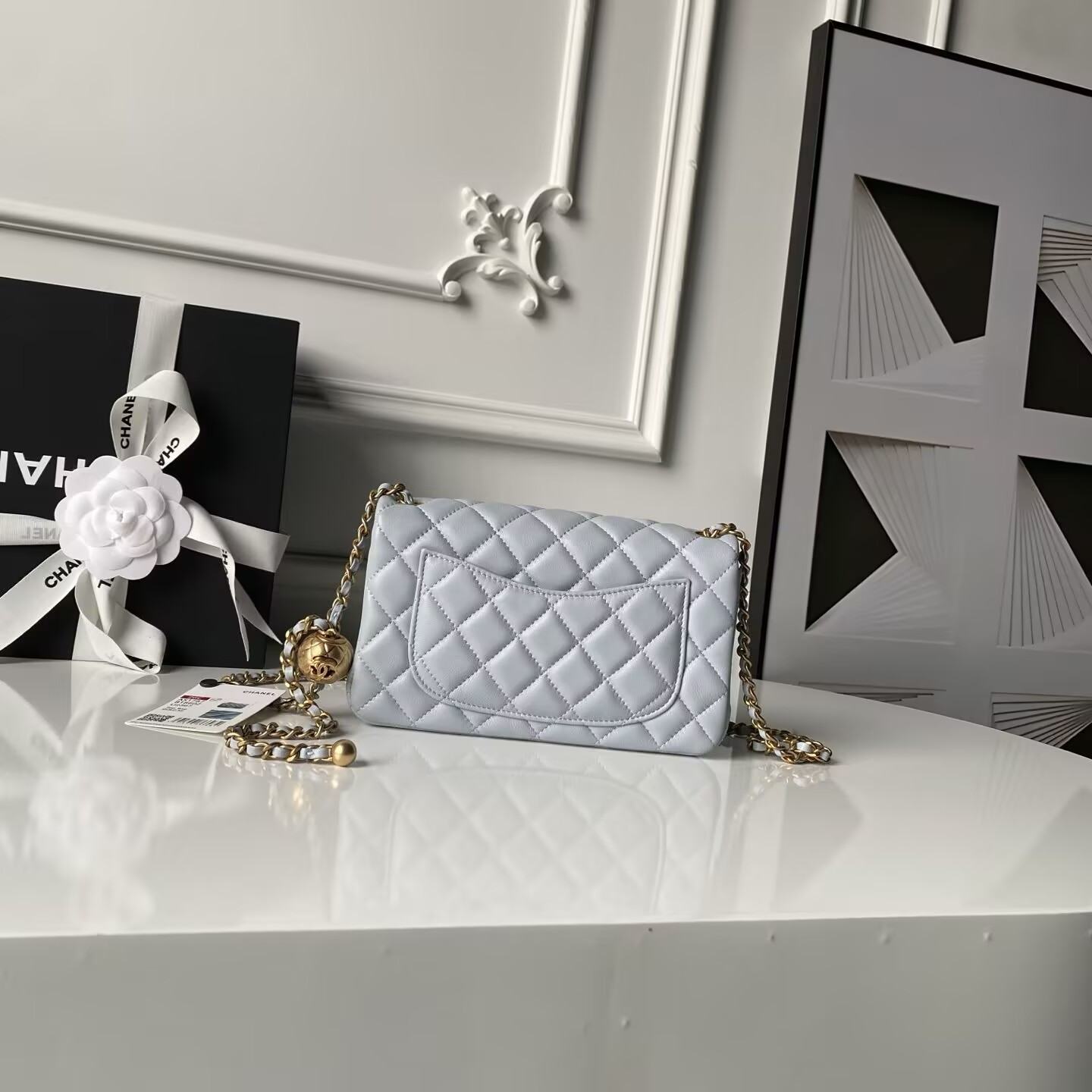 Ch**el MINI FLAP BAG SHINY CALFSKIN & gold-TONE METAL gray 4.7 × 7.8 × 2.3 in