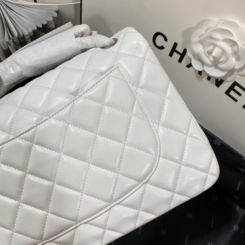 Ch**el Classic Flap Jumbo 30cm CF White Silver 7.6 × 11.7 × 3.9 in