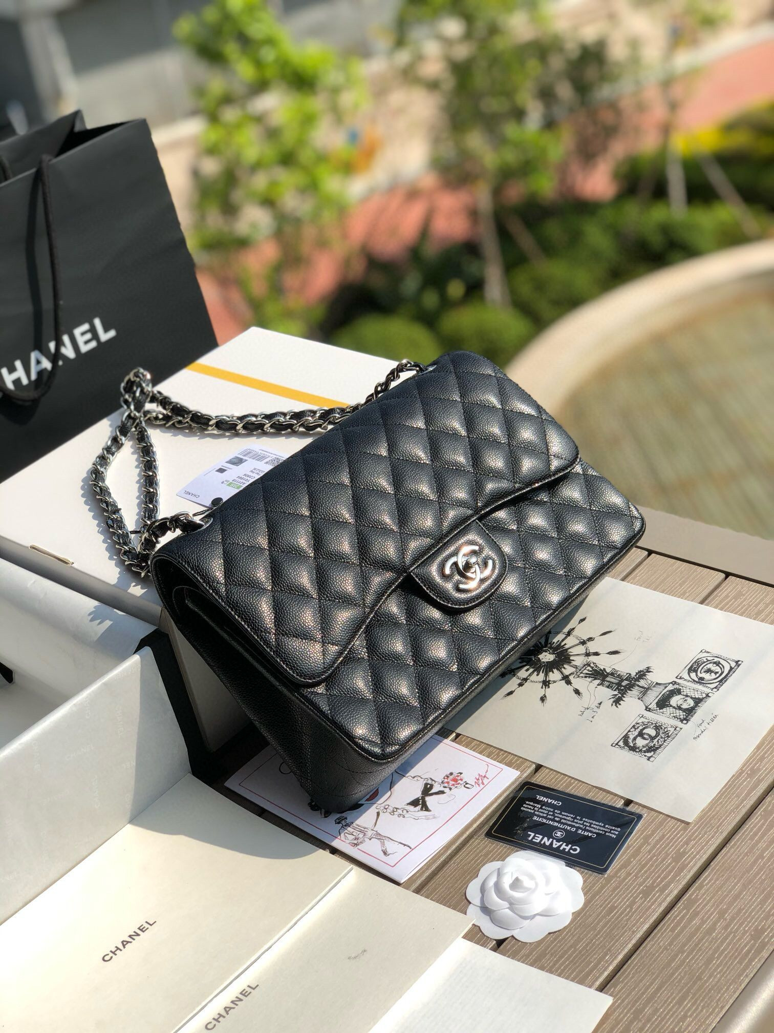Ch**el Classic Flap Jumbo 30cm CF black Silver  7.6 × 11.7 × 3.9 in