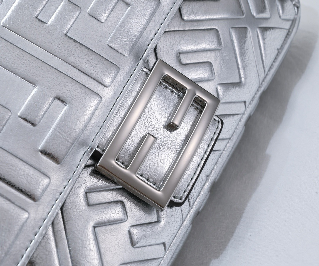 F**di Baguette Phone Pouch Craquelé silver leather pouch 26x6x15cm