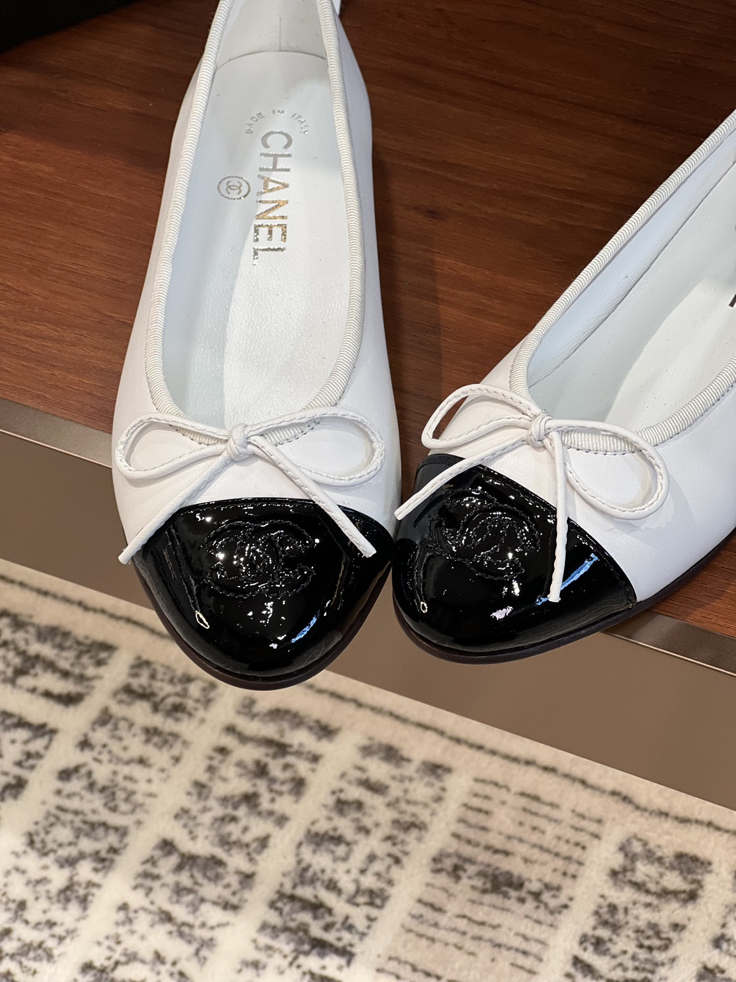Ch**el BALLET FLATS Lambskin & Grosgrain White & Black