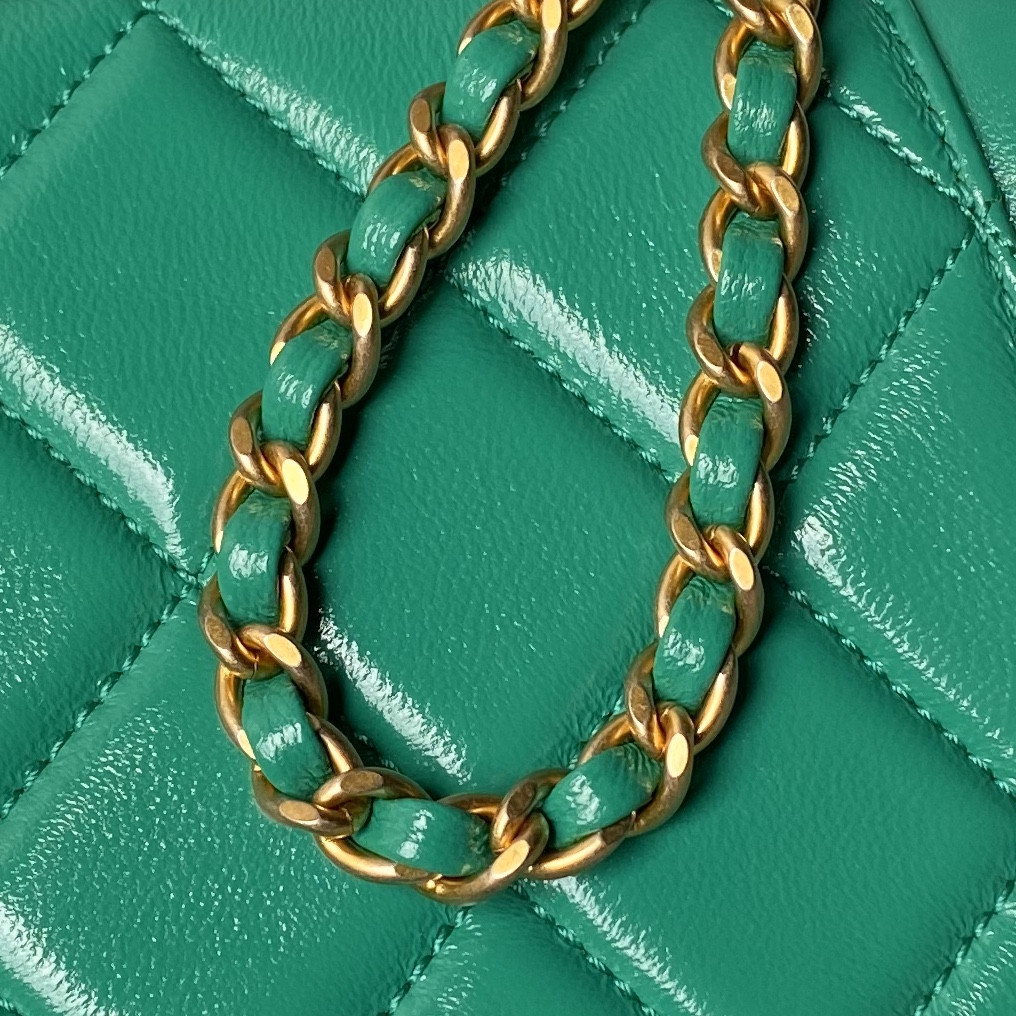 Ch**el MINI BAG WITH TOP HANDLE  Shiny Lambskin & Gold-Tone Metal 12 × 18 × 7 cm