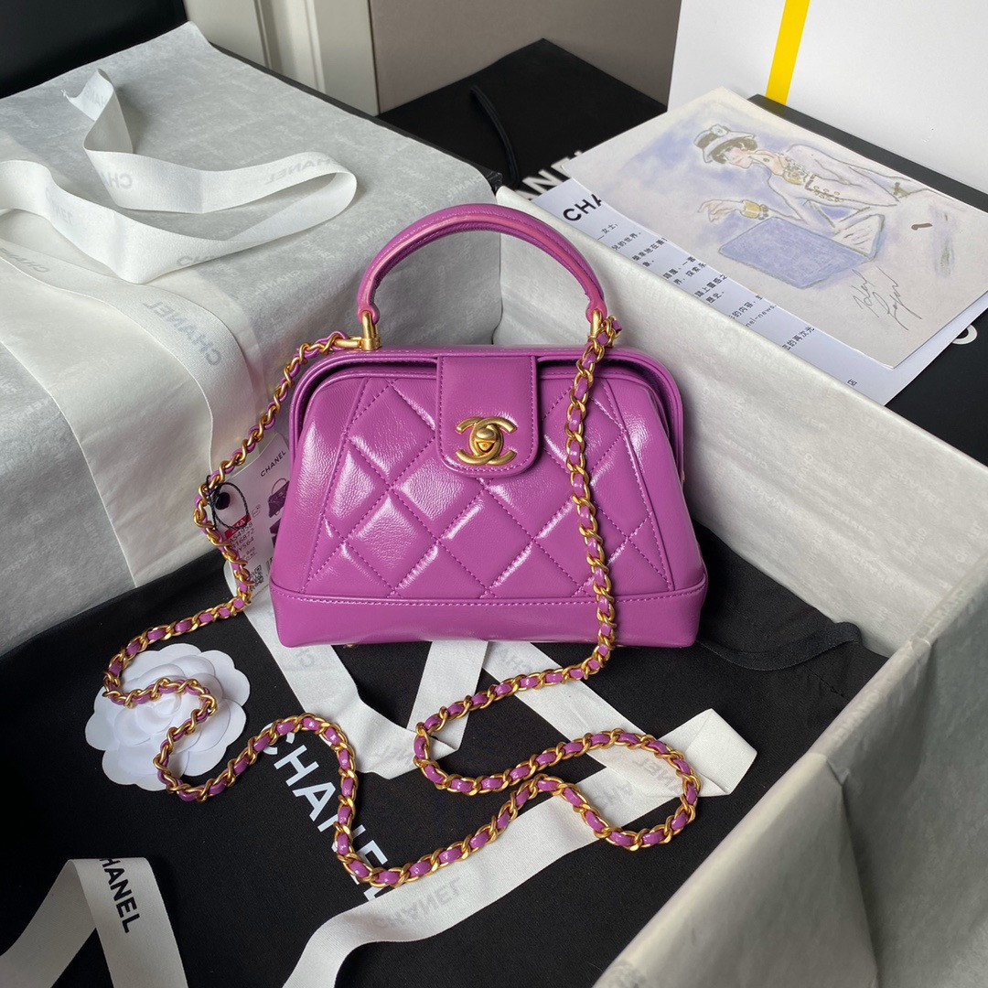 Ch**el MINI BAG WITH TOP HANDLE Shiny Lambskin & Gold-Tone Metal 12 × 18 × 7 cm