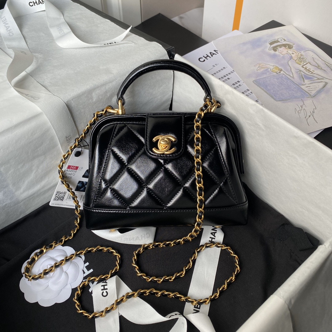 Ch**el MINI BAG WITH TOP HANDLE Shiny Lambskin & Gold-Tone Metal Black 12 × 18 × 7 cm
