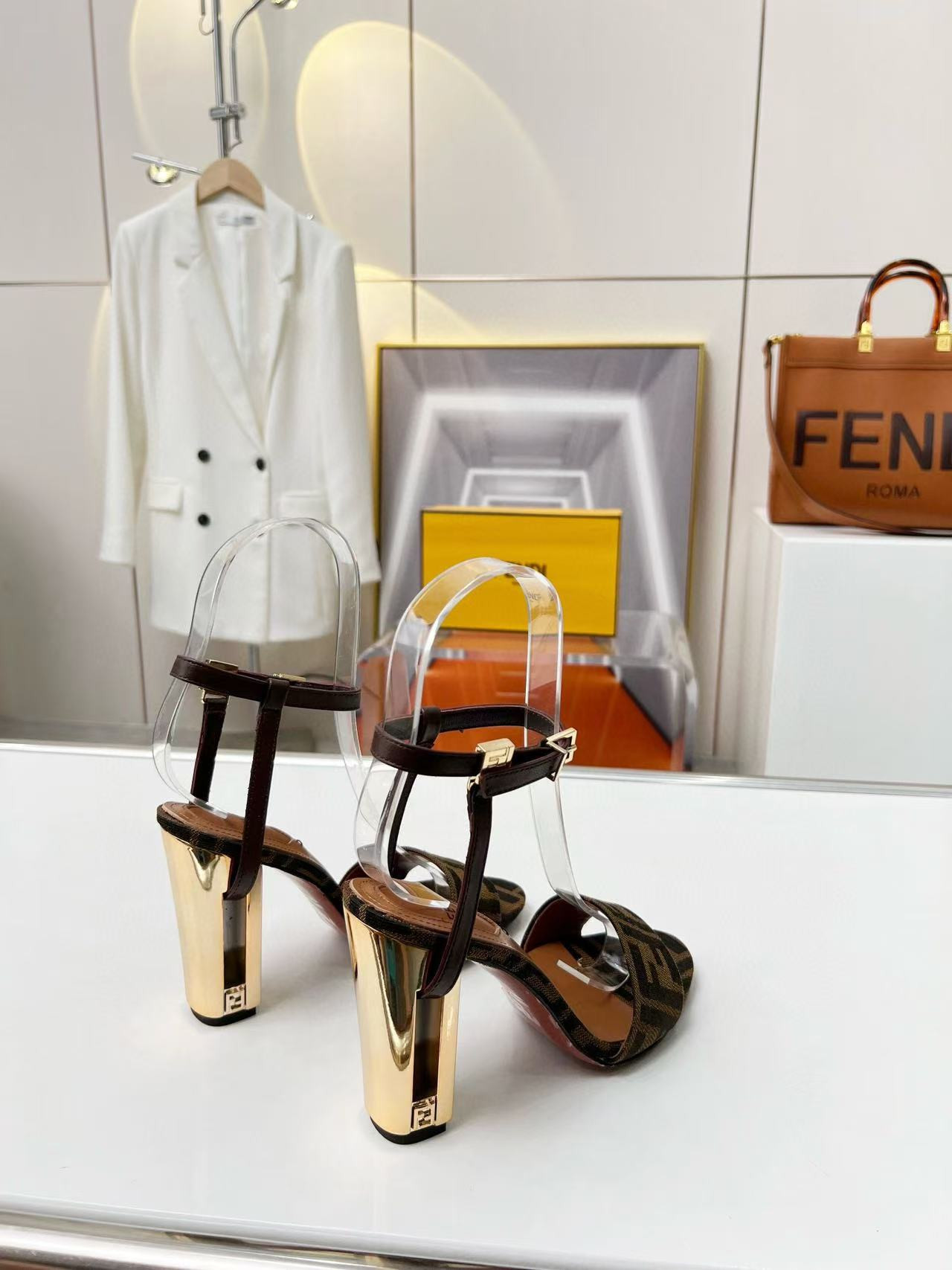 UA F**di Delfina Brown fabric high-heeled sandals