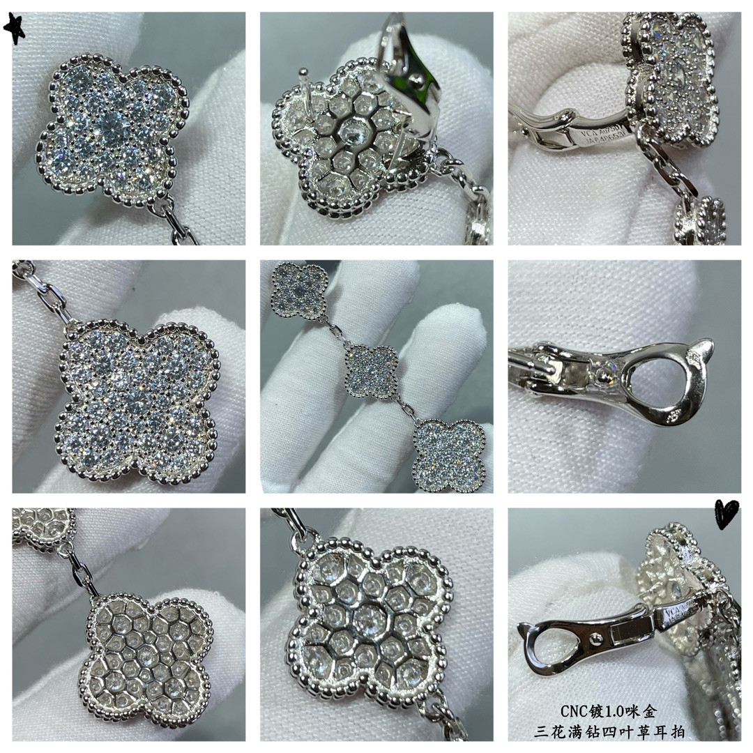 V*n Cl**f & Arpels Full D1am0nd three flower four leaf clover Earrings