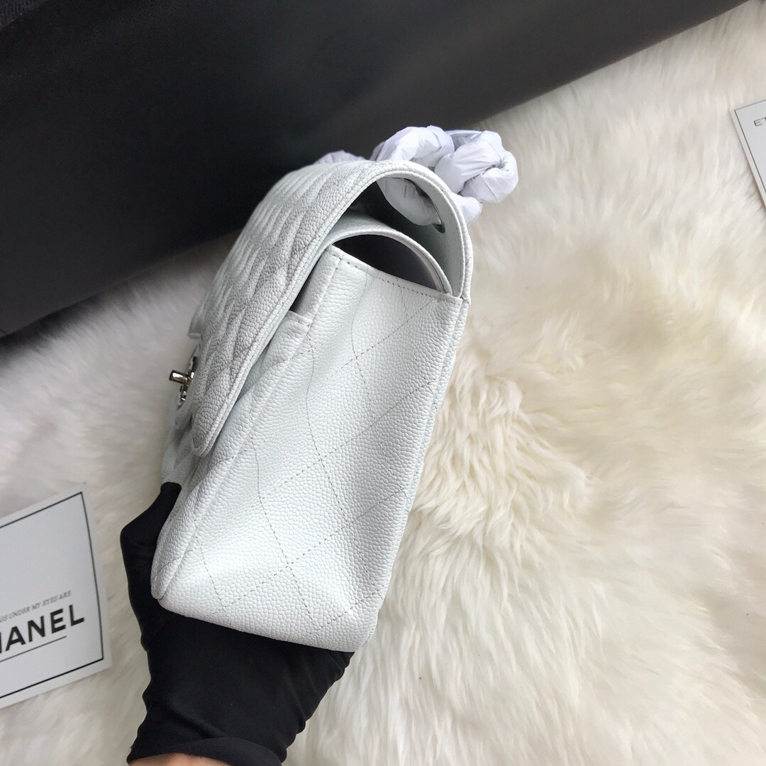 Ch**el Classic Flap Jumbo 30cm CF White Silver 7.6 × 11.7 × 3.9 in