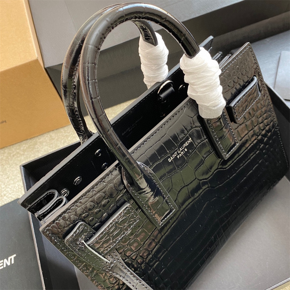 Y51 SAC DE JOUR NANO IN CROCODILE EMBOSSED LEATHER BLACK 8.6 X 6.8 X 3.5 INCHES
