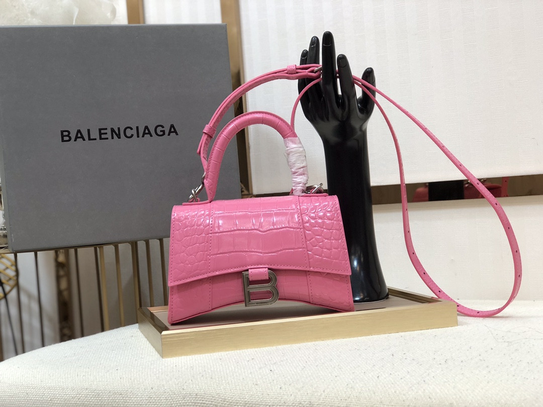 Ba1en*iaga WOMEN'S HOURGLASS MINI HANDBAG CROCODILE EMBOSSED IN DARK PINK L7.4 x H5.1 x W3.1 inch
