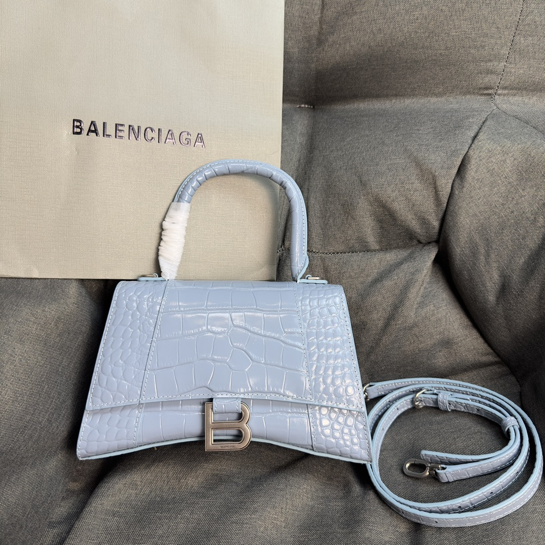 Ba1en*iaga WOMEN'S HOURGLASS SMALL HANDBAG CROCODILE EMBOSSED IN LIGHT BLUE L9 x H5.5 x W3.9 inch