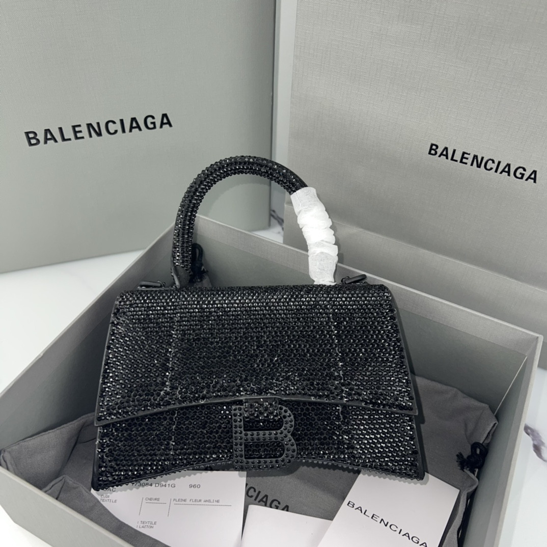 Ba1en*iaga WOMEN'S HOURGLASS MINI HANDBAG With Rhinestones Black L7.4 x H5.1 x W3.1 inch