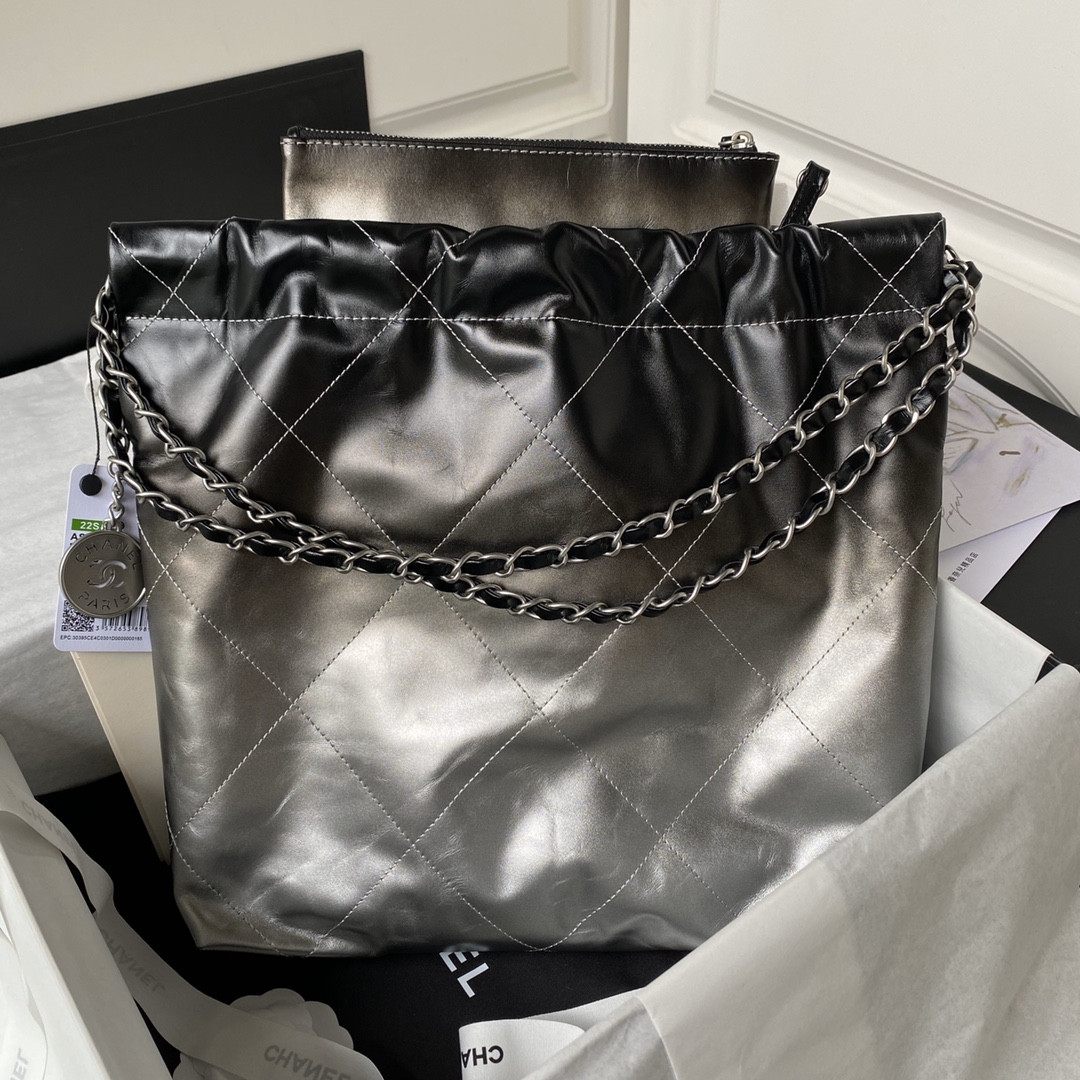 Ch**el 22 SMALL HANDBAG Shiny Calfskin SILVER 13.7×14.4×2.7 in