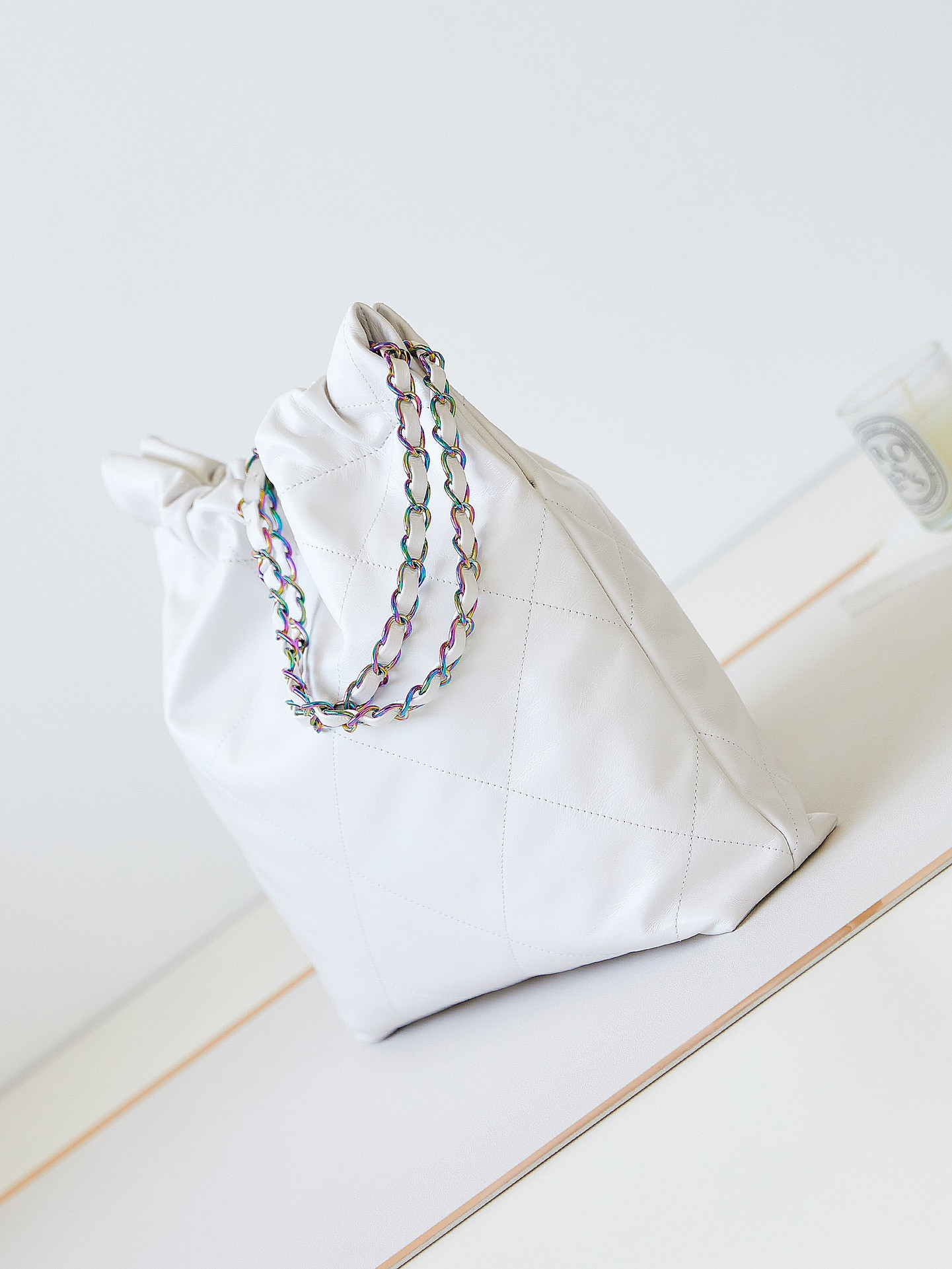 Ch**el 22 SMALL HANDBAG Shiny Calfskin & Rainbow Metal White 13.7×14.4×2.7 in