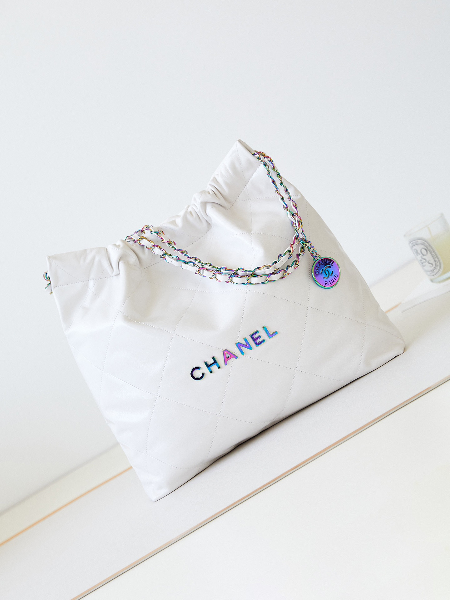 Ch**el 22 SMALL HANDBAG Shiny Calfskin & Rainbow Metal White 15.2×16.4×3.1 in