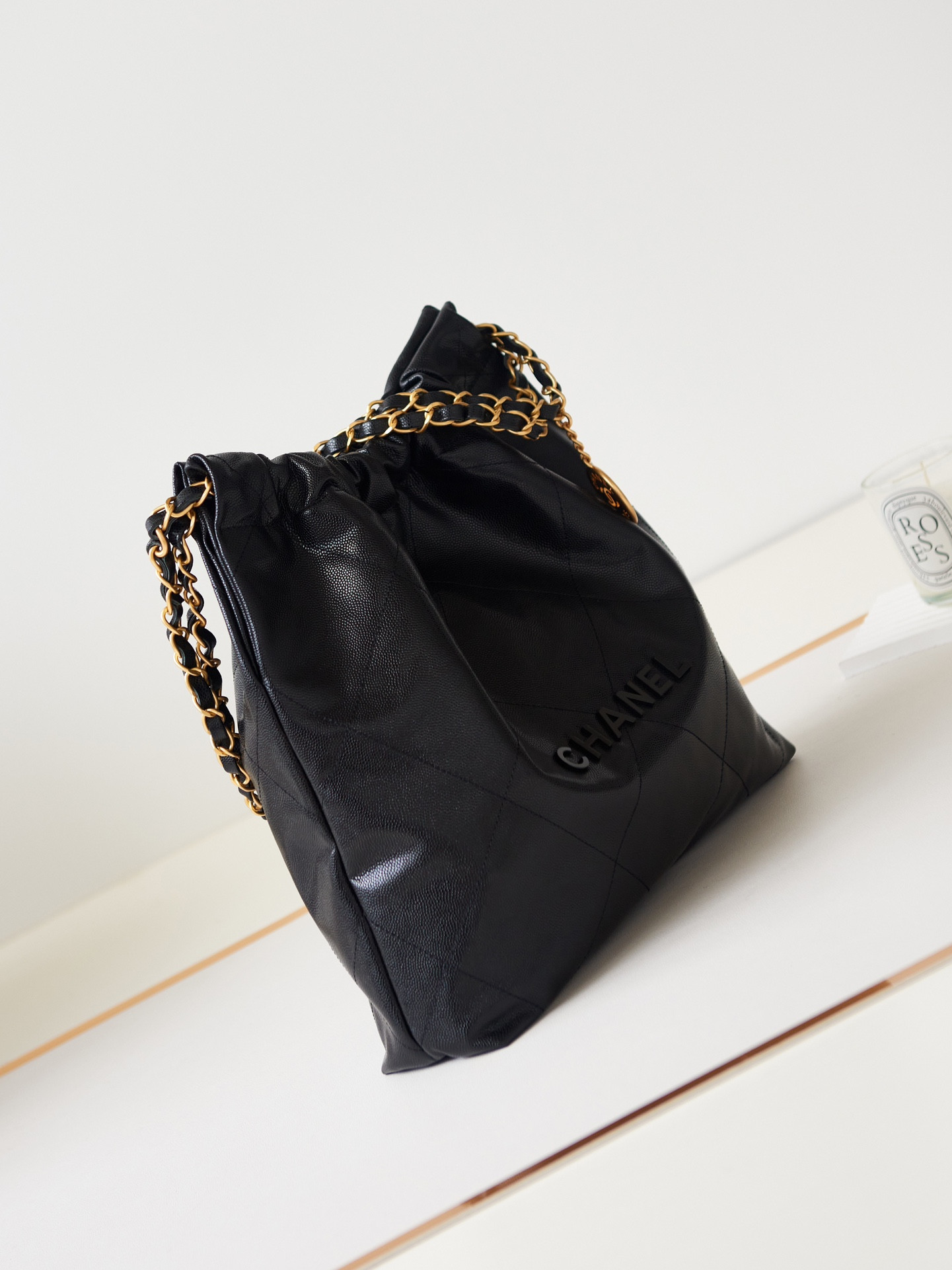 Ch**el 22 SMALL HANDBAG Shiny Calfskin & GOLD Metal BLACK 13.7×14.4×2.7 in
