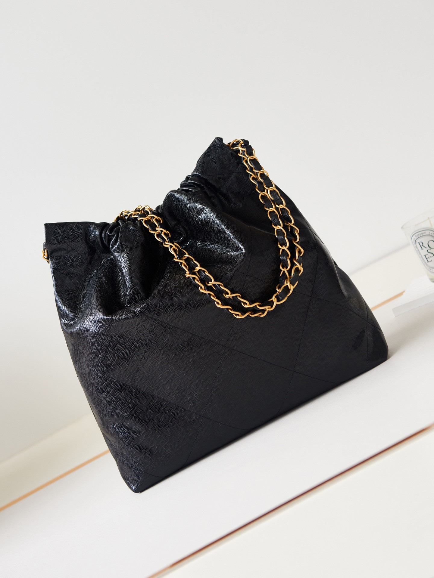 Ch**el 22 SMALL HANDBAG Shiny Calfskin & GOLD Metal BLACK 13.7×14.4×2.7 in