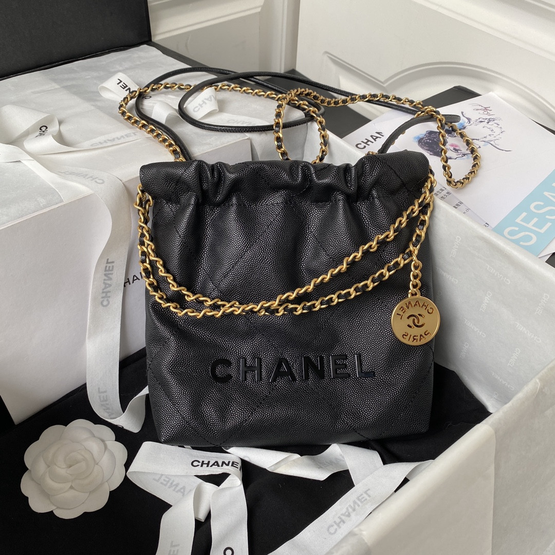 Ch**el 22 MINI HANDBAG GRAINED LEATHER BLACK 7.8 × 7.4 × 2.3 in