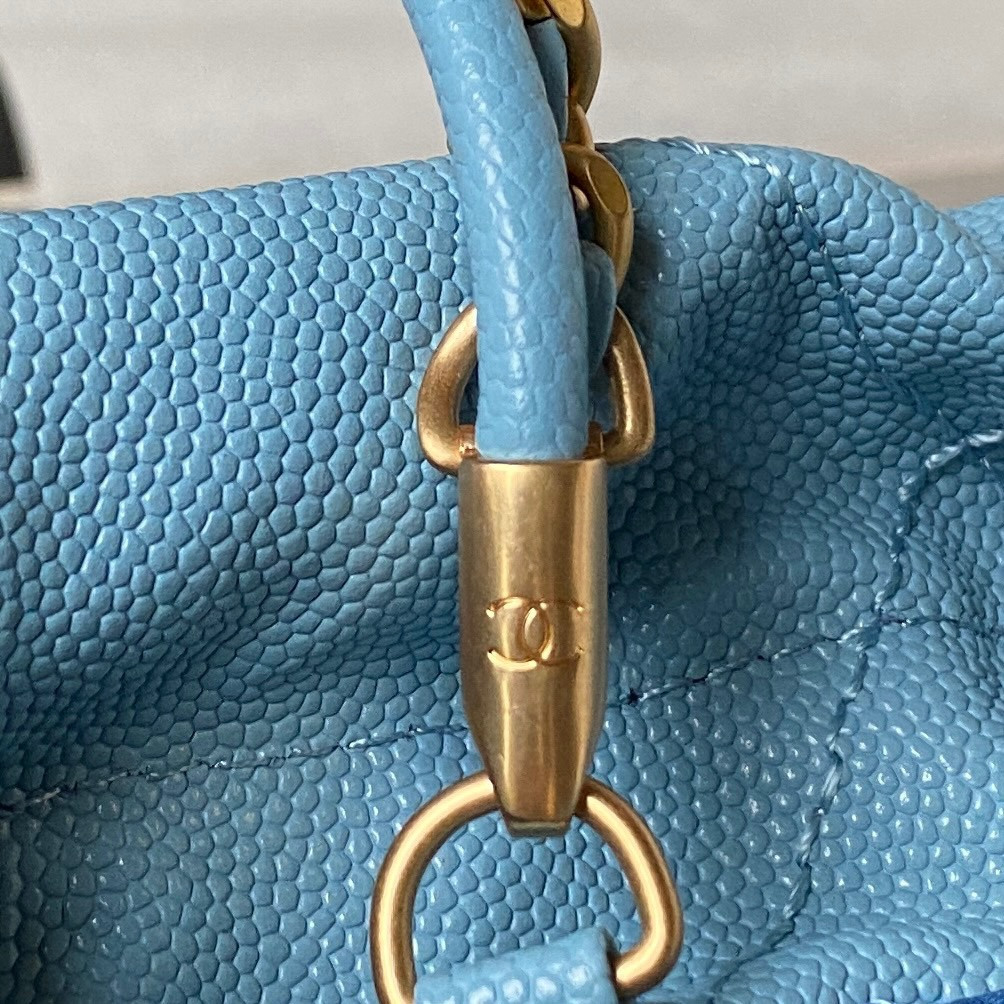 Ch**el 22 MINI HANDBAG GRAINED LEATHER BLUE 7.8 × 7.4 × 2.3 in