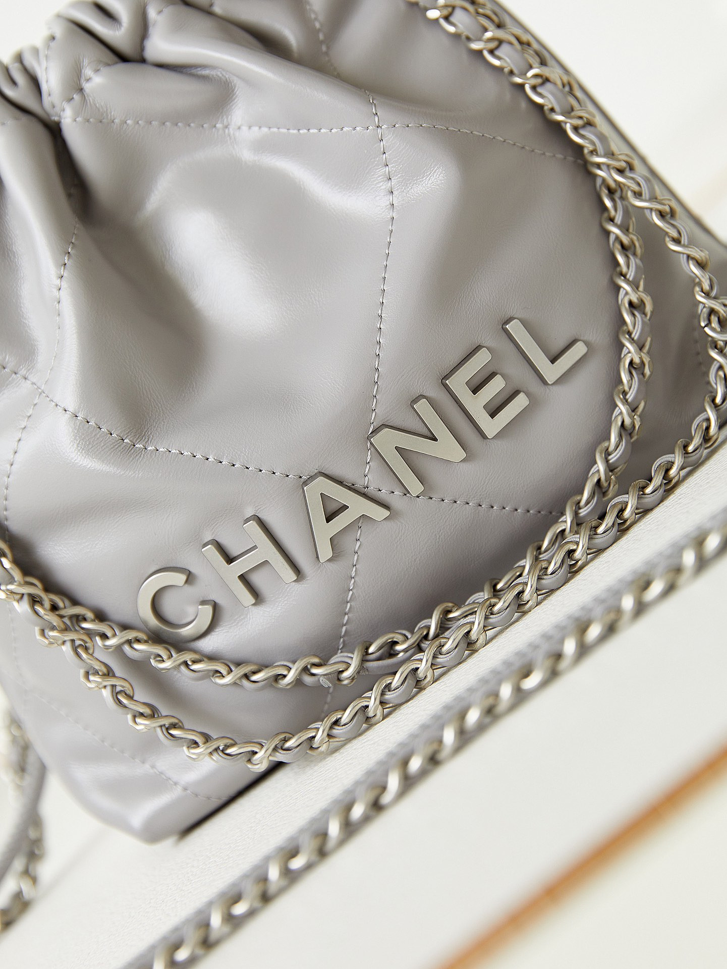 Ch**el 22 MINI HANDBAG Shiny Calfskin GREY 7.8 × 7.4 × 2.3 in