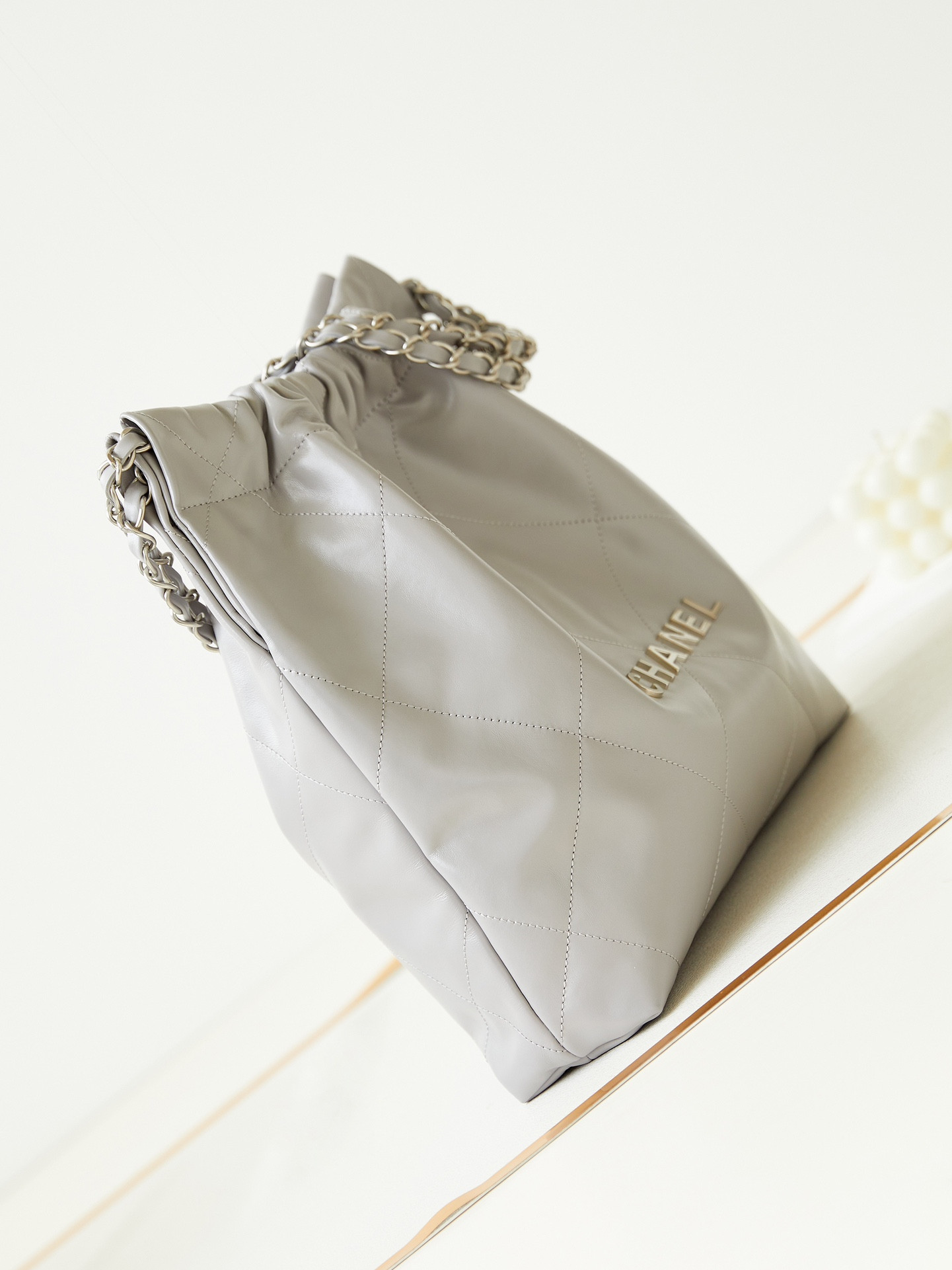 Ch**el 22 SMALL HANDBAG Shiny Calfskin GREY 13.7×14.4×2.7 in