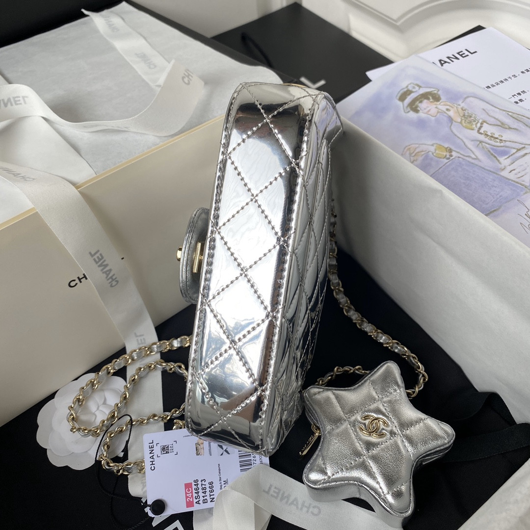 Ch**el FLAP BAG & STAR COIN PURSE SILVER 12.5×19×5cm