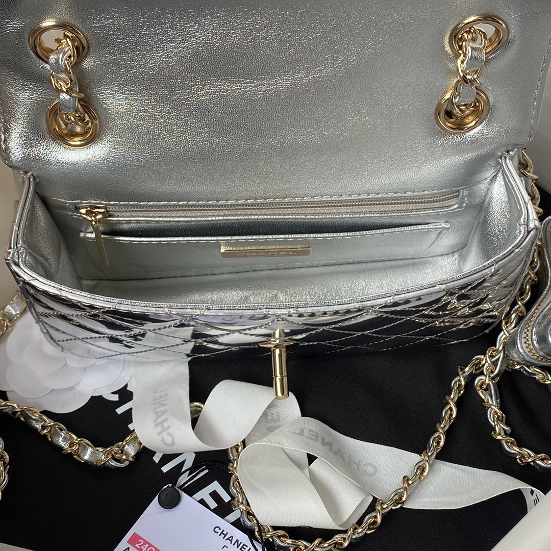 Ch**el FLAP BAG & STAR COIN PURSE SILVER 12.5×19×5cm