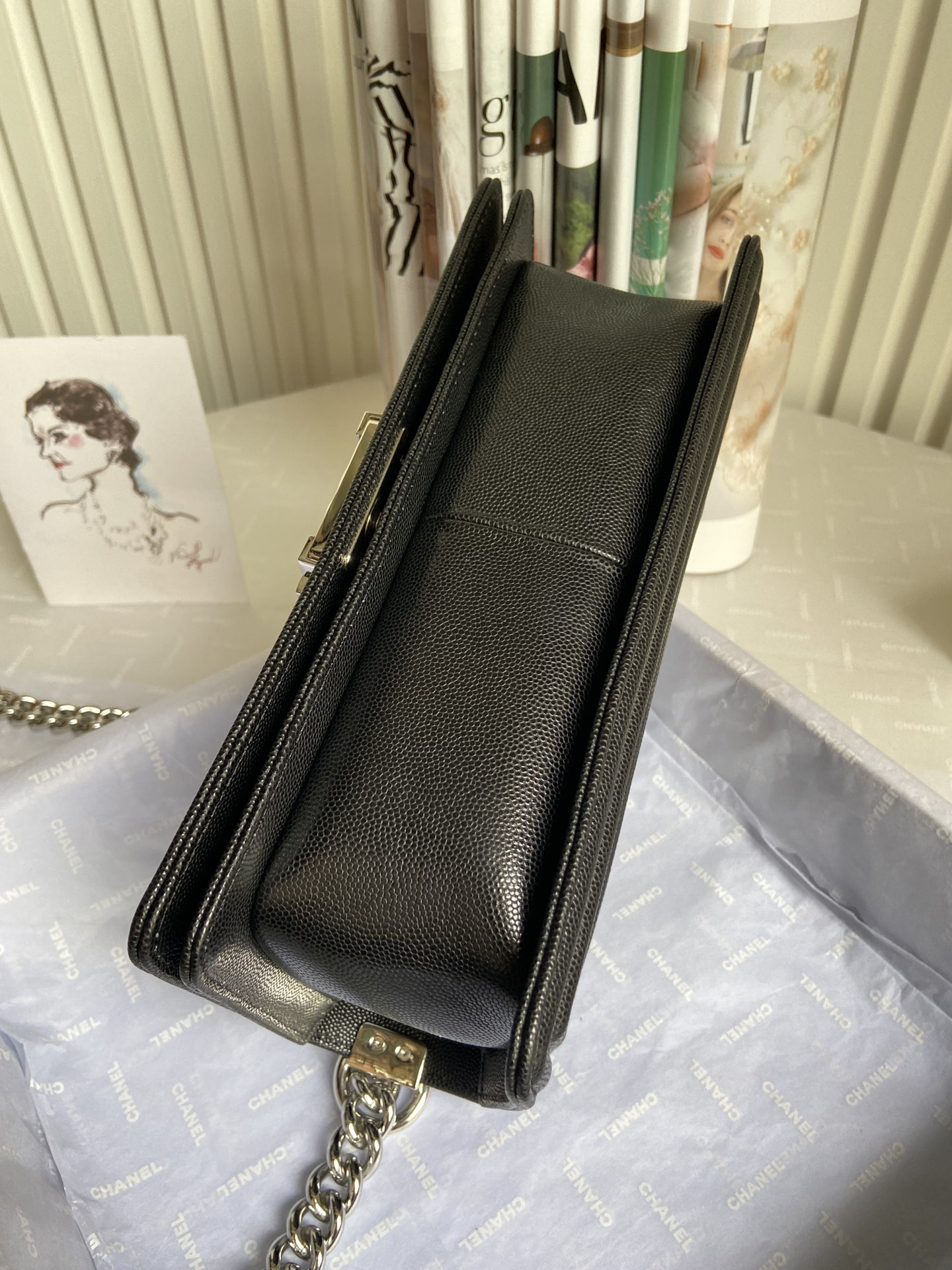 BOY Ch**el HANDBAG Shiny Grained Calfskin & Silver-Tone Metal Black 5.9 × 9.8 × 3.5 in