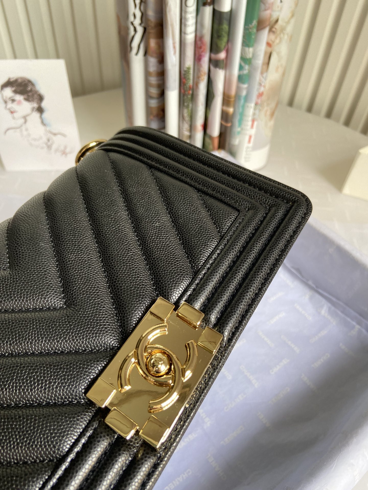 BOY Ch**el HANDBAG Shiny Grained Calfskin & Gold-Tone Metal Black 5.9 × 9.8 × 3.5 in
