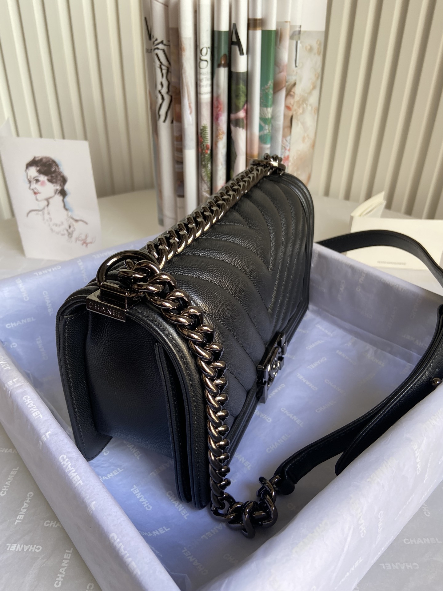 BOY Ch**el HANDBAG Shiny Grained Calfskin Black 5.9 × 9.8 × 3.5 in