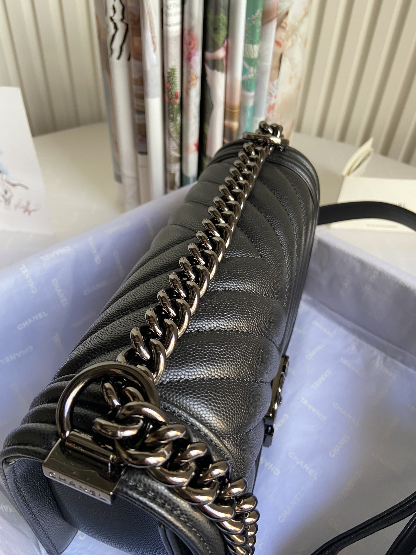 BOY Ch**el HANDBAG Shiny Grained Calfskin Black 5.9 × 9.8 × 3.5 in