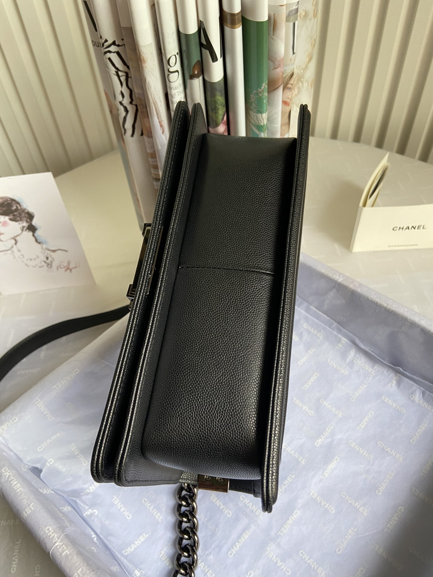 BOY Ch**el HANDBAG Shiny Grained Calfskin Black 5.9 × 9.8 × 3.5 in