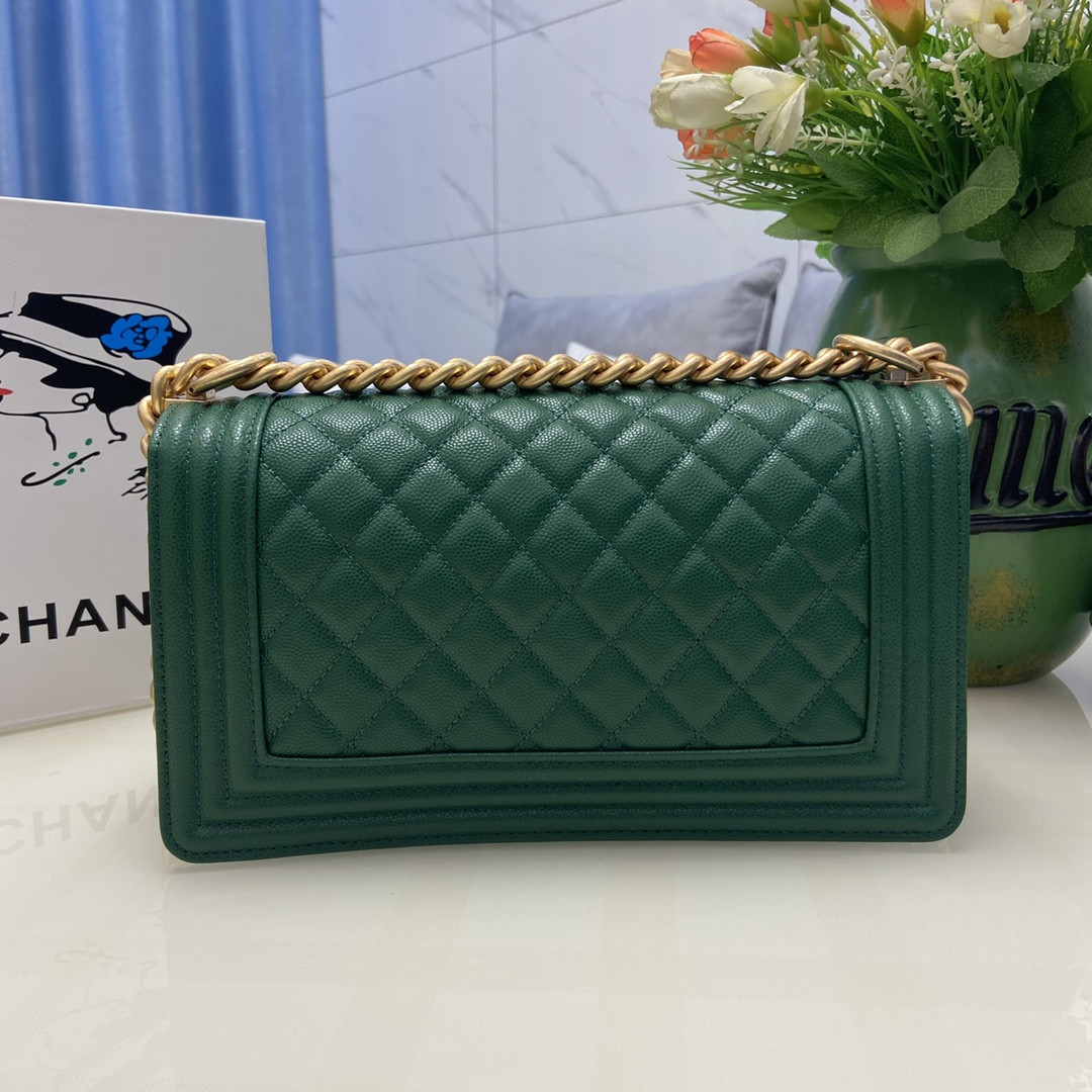 BOY Ch**el HANDBAG Shiny Grained Calfskin & Gold-Tone Metal Green 5.9 × 9.8 × 3.5 in