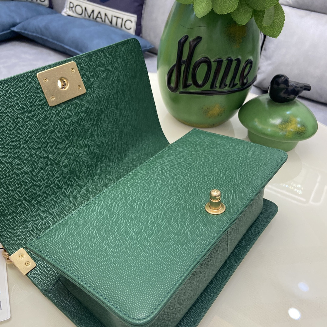 BOY Ch**el HANDBAG Shiny Grained Calfskin & Gold-Tone Metal Green 5.9 × 9.8 × 3.5 in