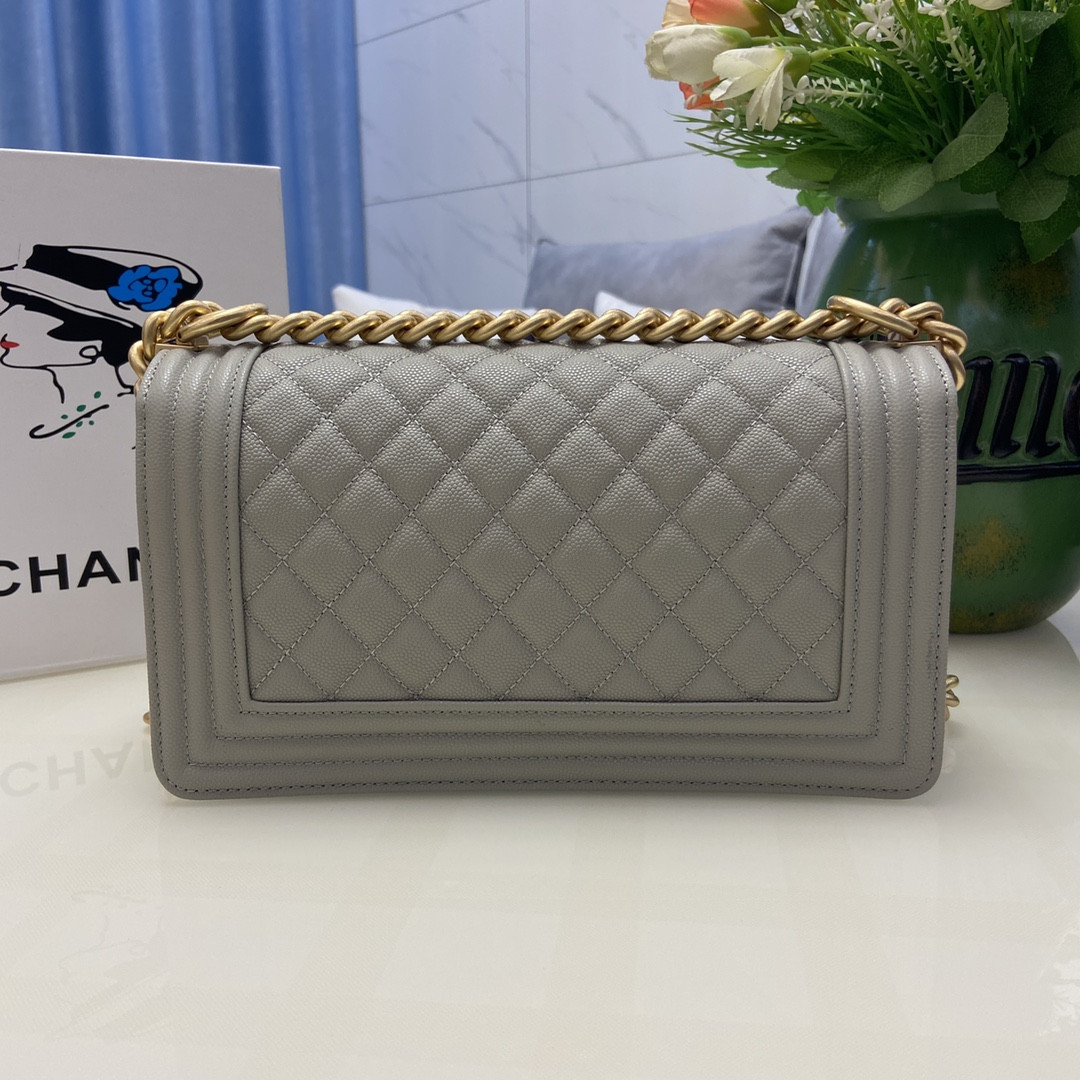 BOY Ch**el HANDBAG Shiny Grained Calfskin & Gold-Tone Metal Gray 5.9 × 9.8 × 3.5 in