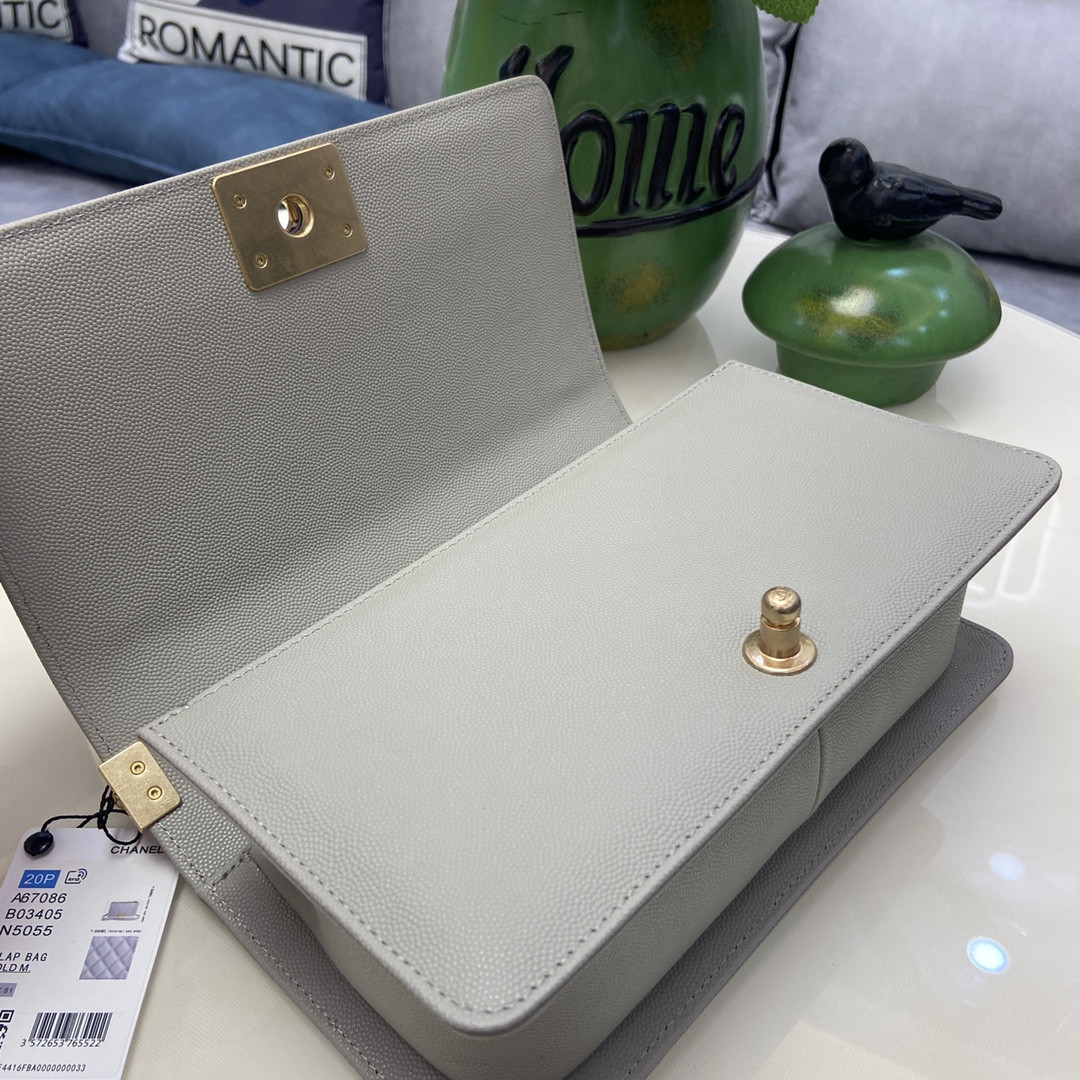 BOY Ch**el HANDBAG Shiny Grained Calfskin & Gold-Tone Metal Gray 5.9 × 9.8 × 3.5 in